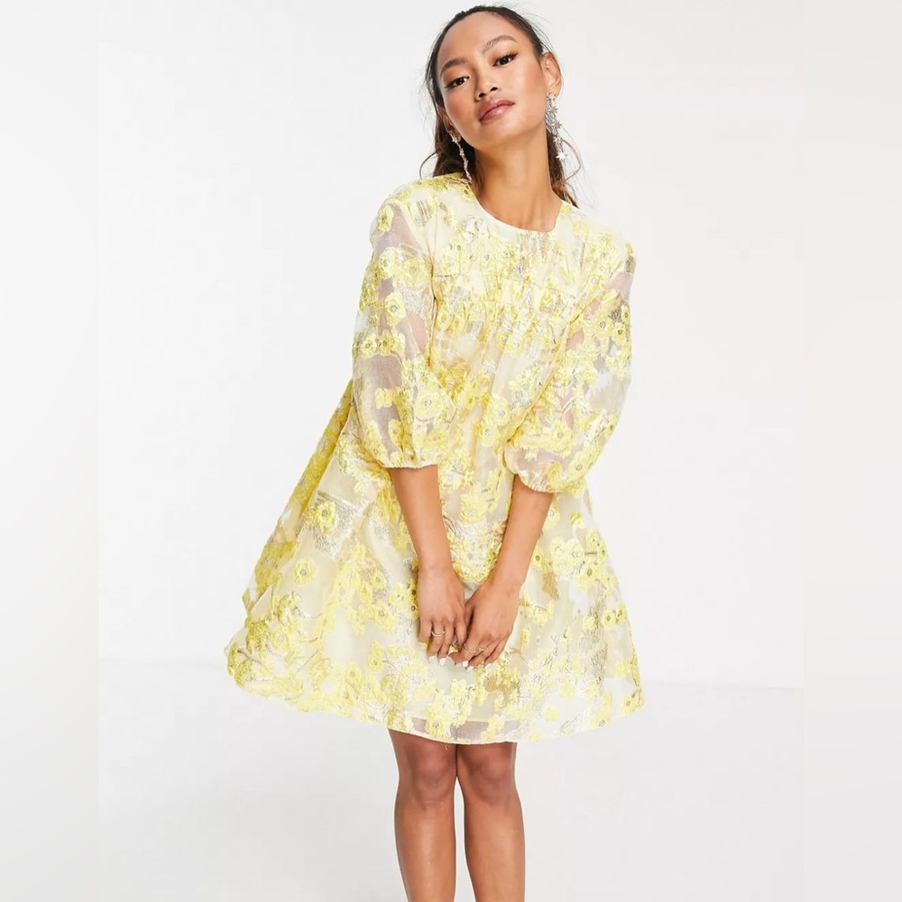 ASOS DESIGN - metallic jacquard mini dress with puff sleeves in yellow
